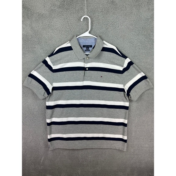 Tommy Hilfiger Performance Pique Polo Shirt Mens XXL 2XL Gray White Stripes